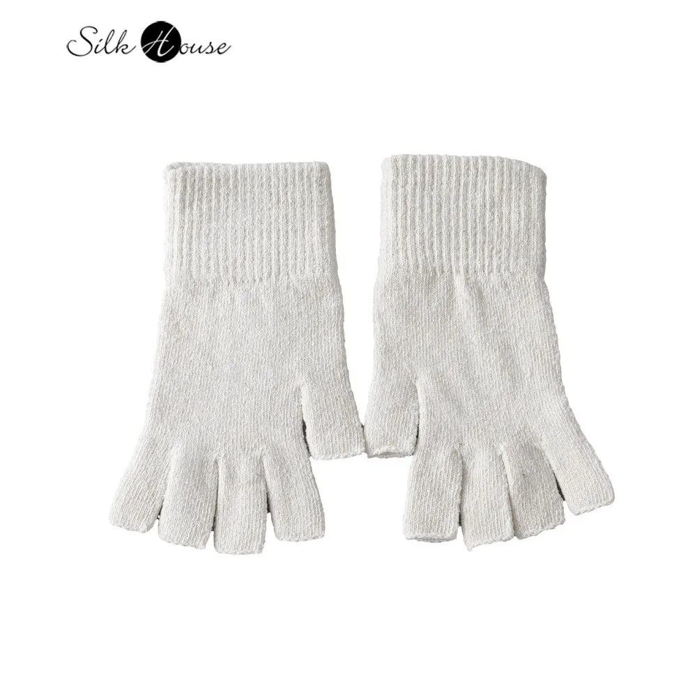 Women's Natural Mulberry Silk Original Color Warm Split Finger Gloves Threaded Mouth Elastic Skin Friendly Exposed Toe Gloves