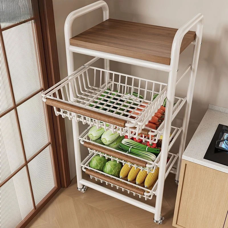 Mobile Kitchen Storage Cart Furniture Heavy DutyPull-Out BasketTrolley withDetachable Wooden Top Carbon Steel Rolling Organizer