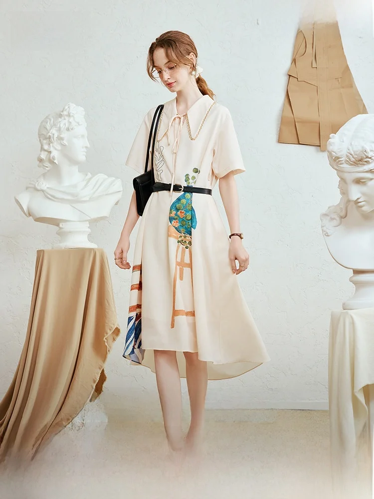 

Retro Print Belted A-Line Dr Soft Polyester Summer New Sle Two Tee Things Gentle Light Retro Floral Print Turn-down Co...