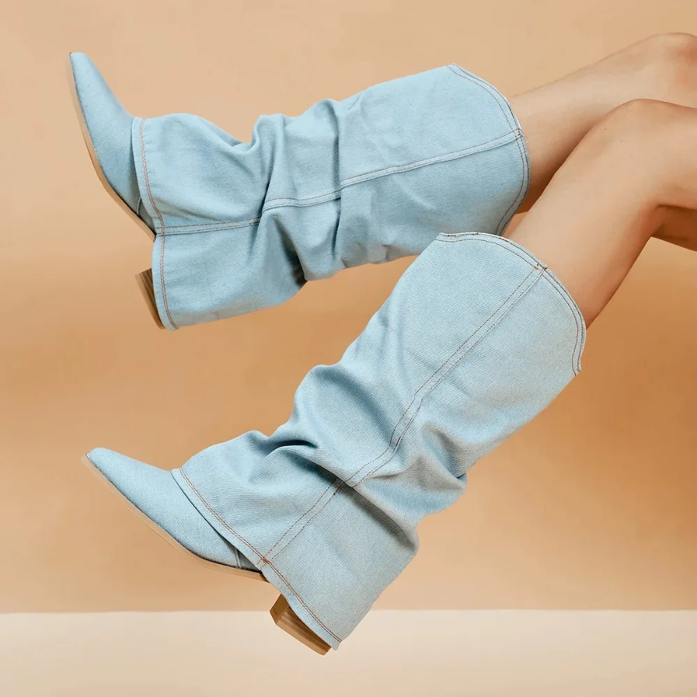 Pleated Block Heels Denim Boots for Women  Autumn Pointed Toe Women High Knee Boots Plus Size Fashion Cowboy Woman Boots