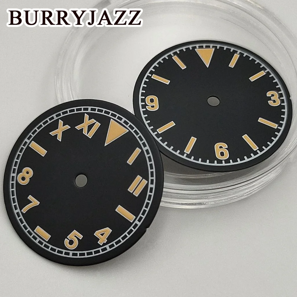 BURRYJAZZ 28.5mm No Logo NH35 NH36 Watch Dials Black Dial Green Luminous Fit 3 O'clock 3.8 O'clock Case Crown