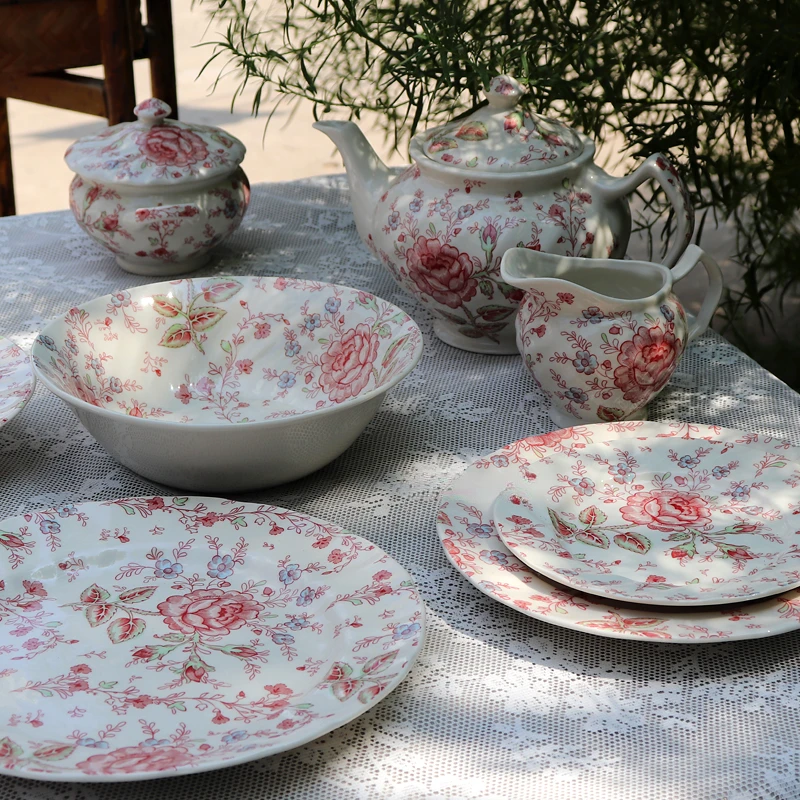 

Vintage Rustic American Rose , Ceramic Steak Plate, Soup , Dessert Breakfast , Western Restaurant, Home Afternoon Tea Set