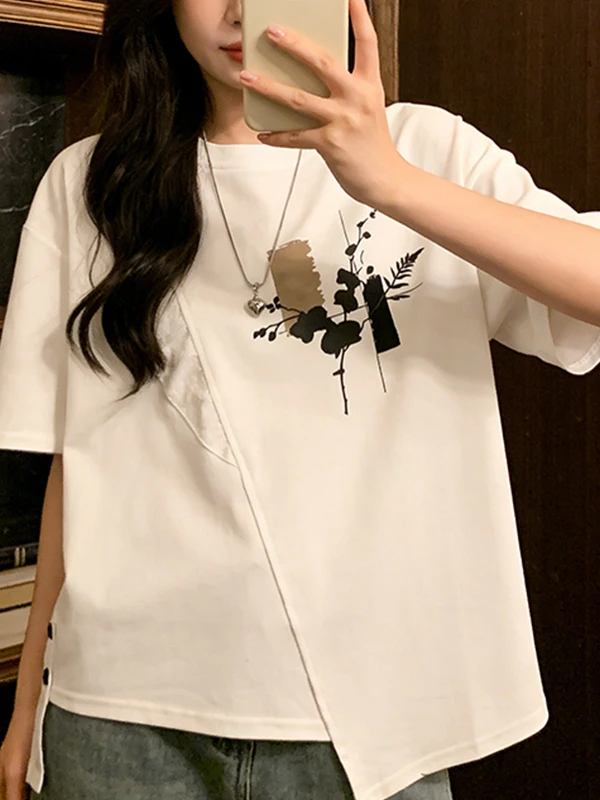 

Summer New plus Size Korean Design Sense Asymmetrical Color Block Anti-Aging Versatile Print Short Sleeve T-Shirt Skin-friend...