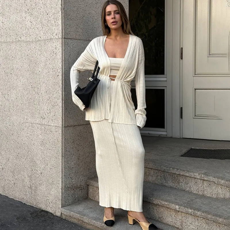 

Tuularose 3-Piece Dress Set Casual Knit Cardigan Ribbed Vest Slit Maxi Skirts Set Autumn Vintage Commuter Women Knit Dress Set