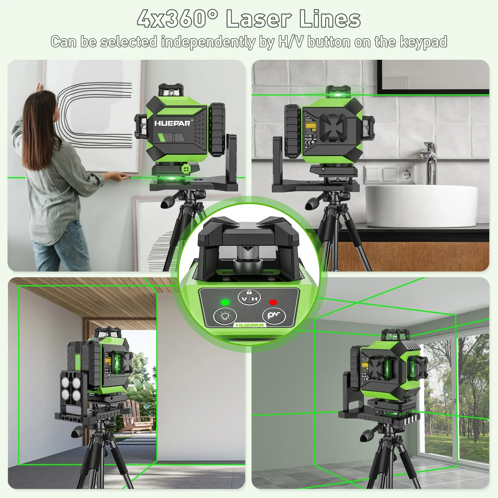 Huepar704CG Set 16 Line Laser Level Self Leveling, 4D Green Beam Cross Line, Ceramic Tile Floor, Laser Tool, Hard Handle Box