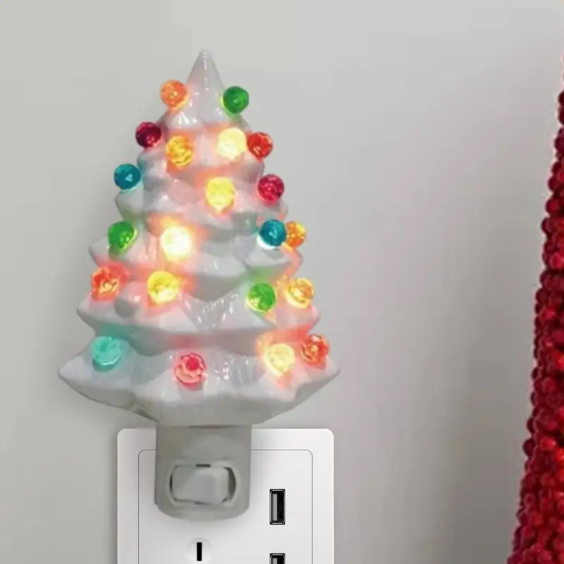 Ceramic Christmas Tree Night Light, LED Wall Swivel Plug in Night Lamp, Artistic Holiday Decorations for Bedroom