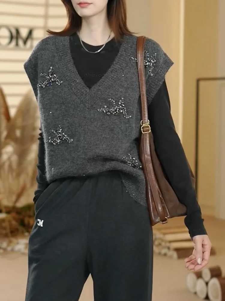 

Faionable V-Ne Knitted Sweater Vest Women's Svel Large Size Autumn Winter New Sle All-Match Slimming Korean Version