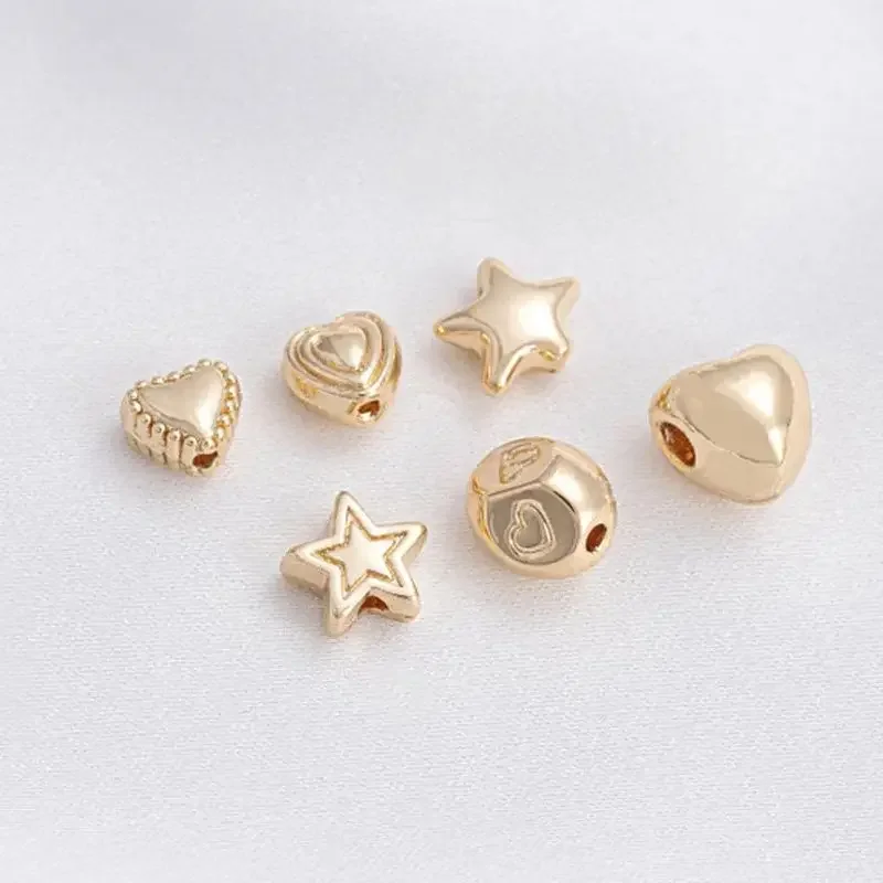 

14K Gold-Wrapped Beads, Three-Dimensional, Pentagonal Star, Peach Heart, Separated, Handmade, Loose, DIY Bracelet Accessories