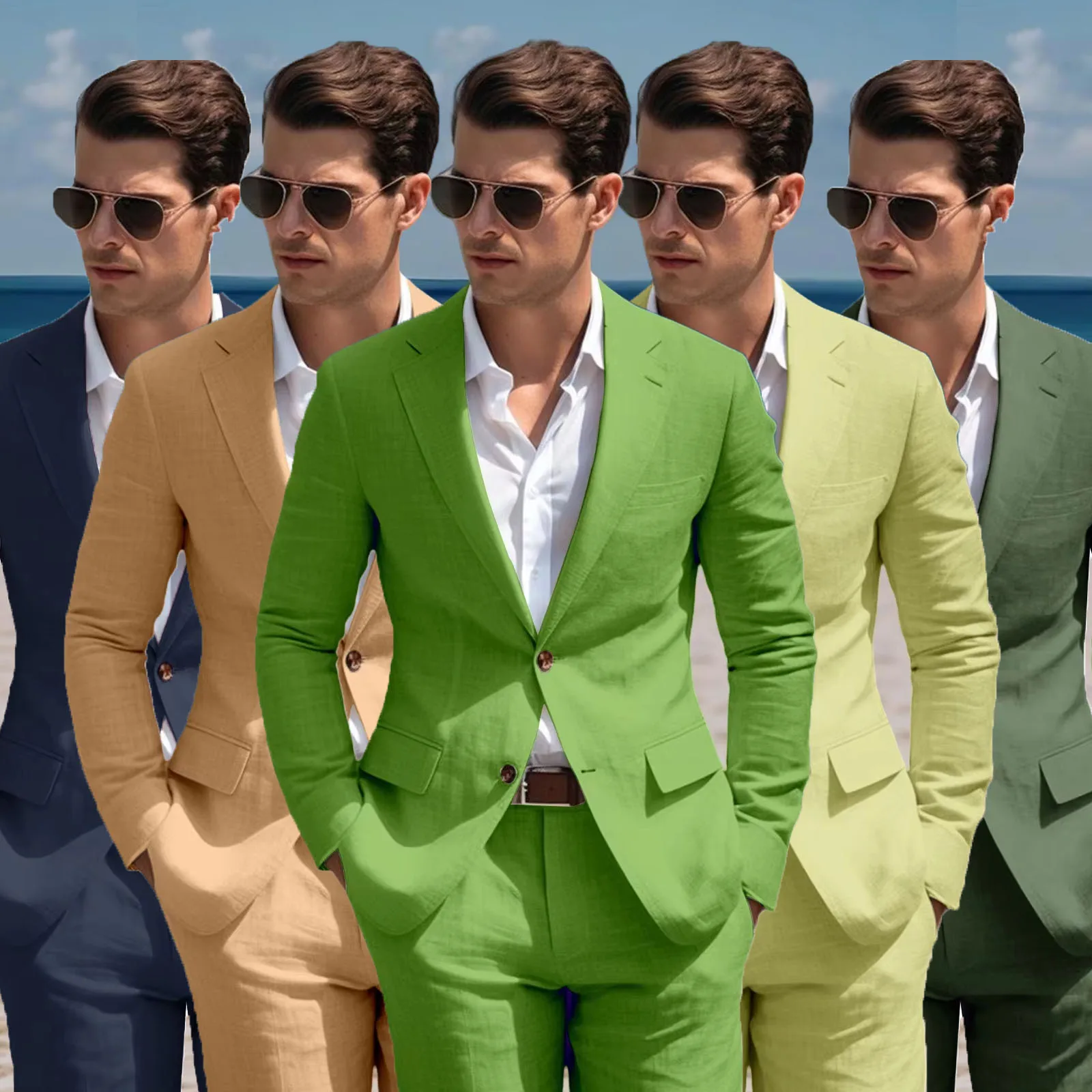 

Beach Summer Linen Suit for Men Slim Fit Fashion Casual Man 2 Piece Outfit Set Wedding Party Breathable Blazers with Pants New