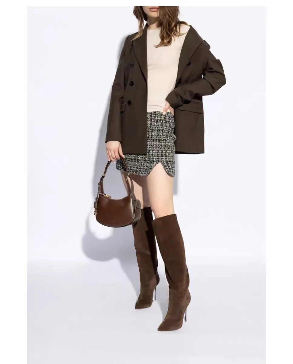 2026Autumn and Winter Women's New Suede High Heels Knee Length Women's Boots Fashion Pointed 34-46 Large Medium Top Boots