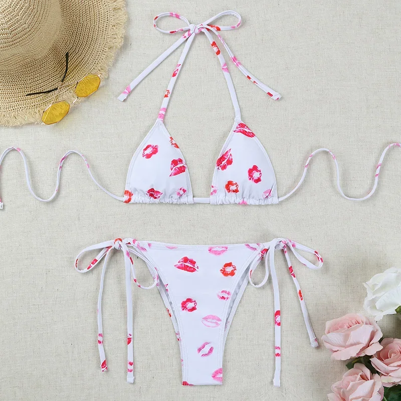 

New Sexy String Bikinis Lip Print Swimsuits Women Swimwear Female Beach Wear Bathing Suits Brazilian Bikini Set Pool Bather 2024