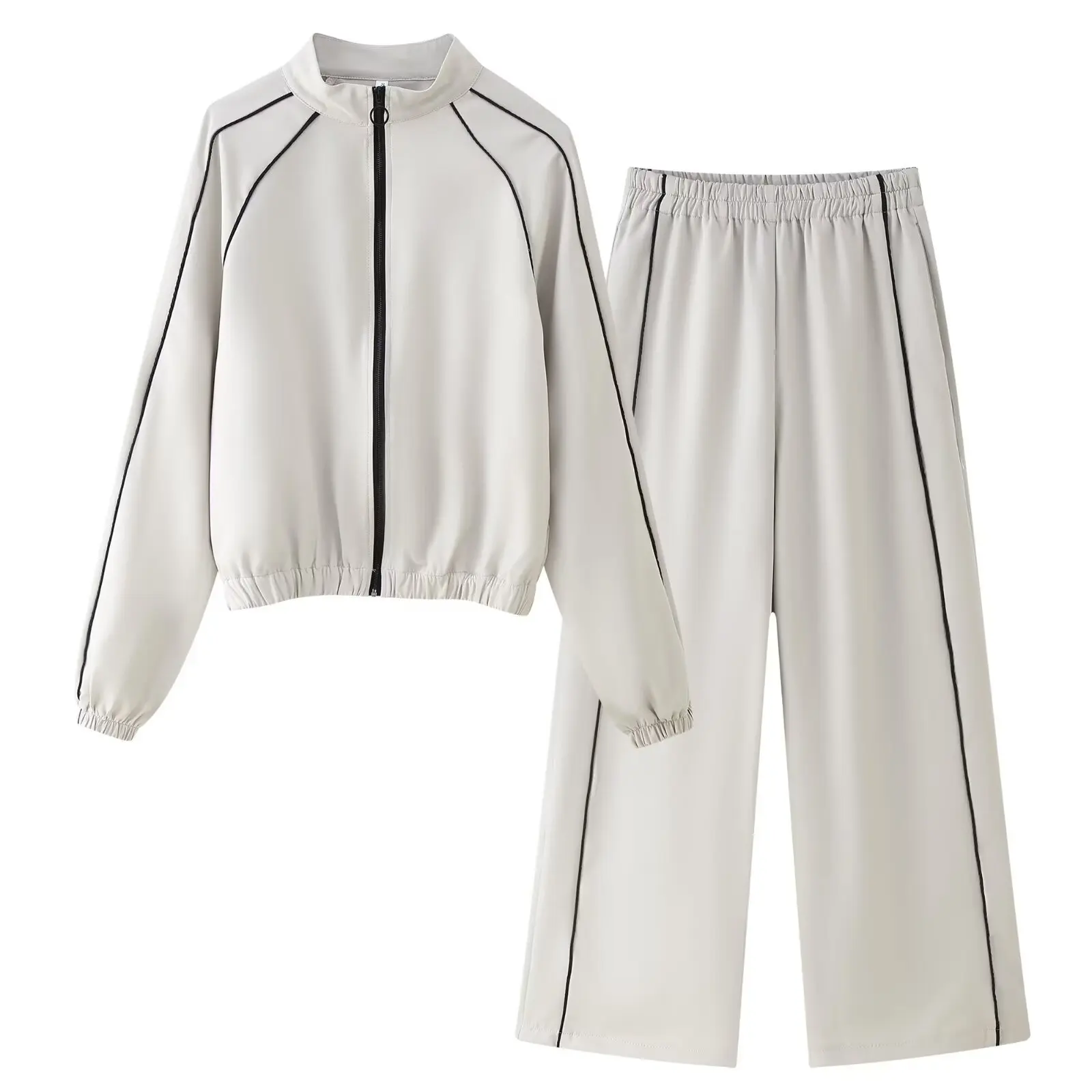 

Women Bomber Jacket Pants Suit Stand Collar Long Sleeve Zip Sport Jacket Elastic Waist Straight Pants Spring Summer New Set