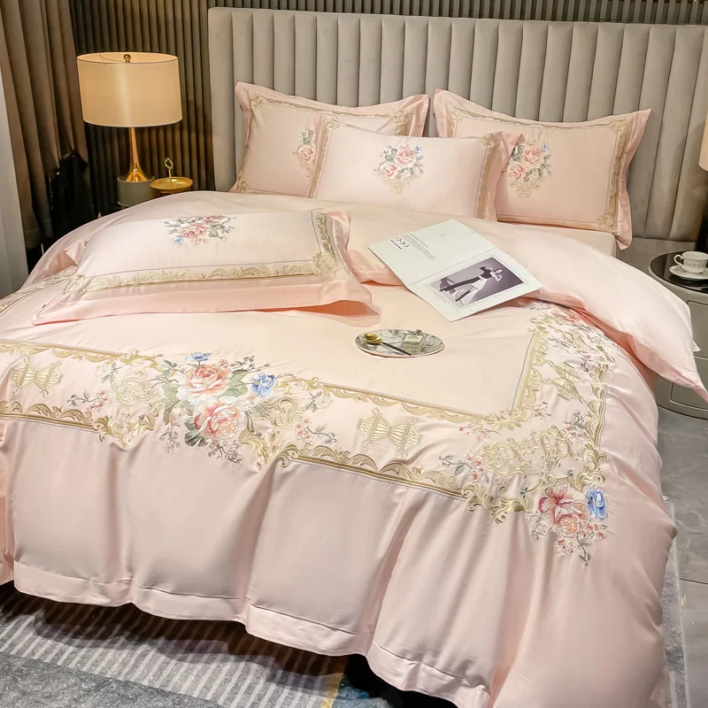 Flowers Embroidery Luxury European Palace Style Bedding Set Egyptian Cotton Duvet Cover Bed Sheet/Fitted Sheet Pillowcases 4Pcs
