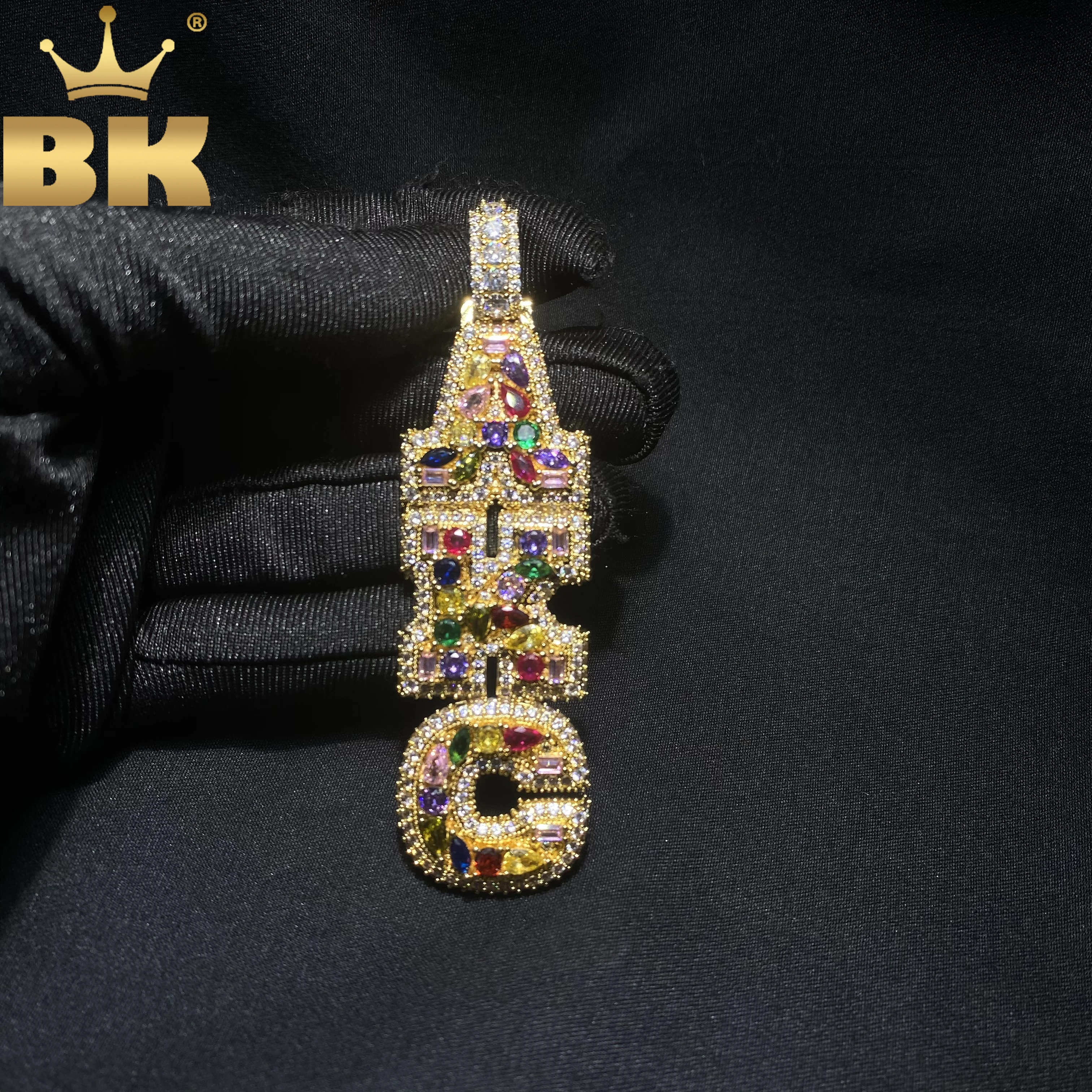 

TBTK Custom Vertical Initial Letter Pendant Mixed Inlay Different Shape Multi Color CZ NamePlate Necklace Hiphop Jewelry