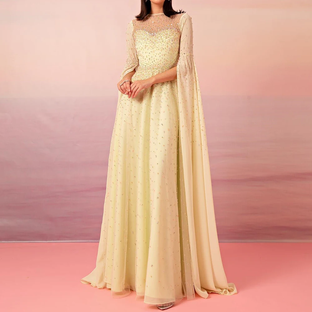 High Quality Chiffon Straight Crystal Evening Dress Zipper Back O-neck Floor Length Half Sleeves Panel Train فساتين سهرة