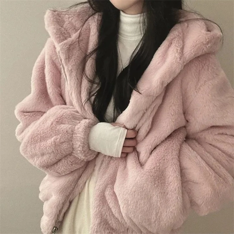 2025 Autumn winter Hooded Warm Loose Faux Rabbit Fur Jackets Thicken Korean Plush Winter High Qualit