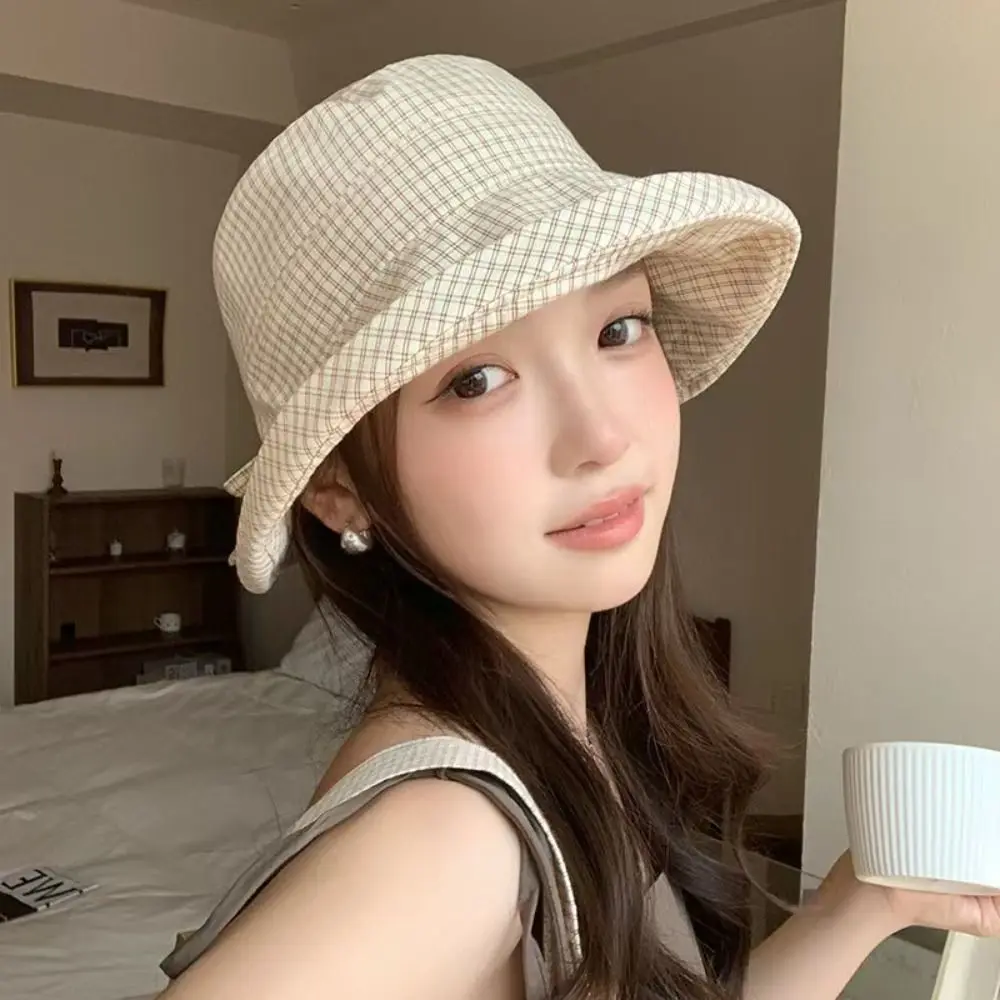 여름용 체크무늬 버킷햇, 속건성 리본 체크무늬 햇빛 가리개, 접이식 여성용 어부 모자