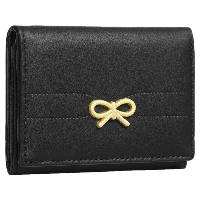 New Minimalist Solid Faux Leather Mini Wallet Golden Bow Decor Multi Card Slots Portable Purse For Daily Daily Carry