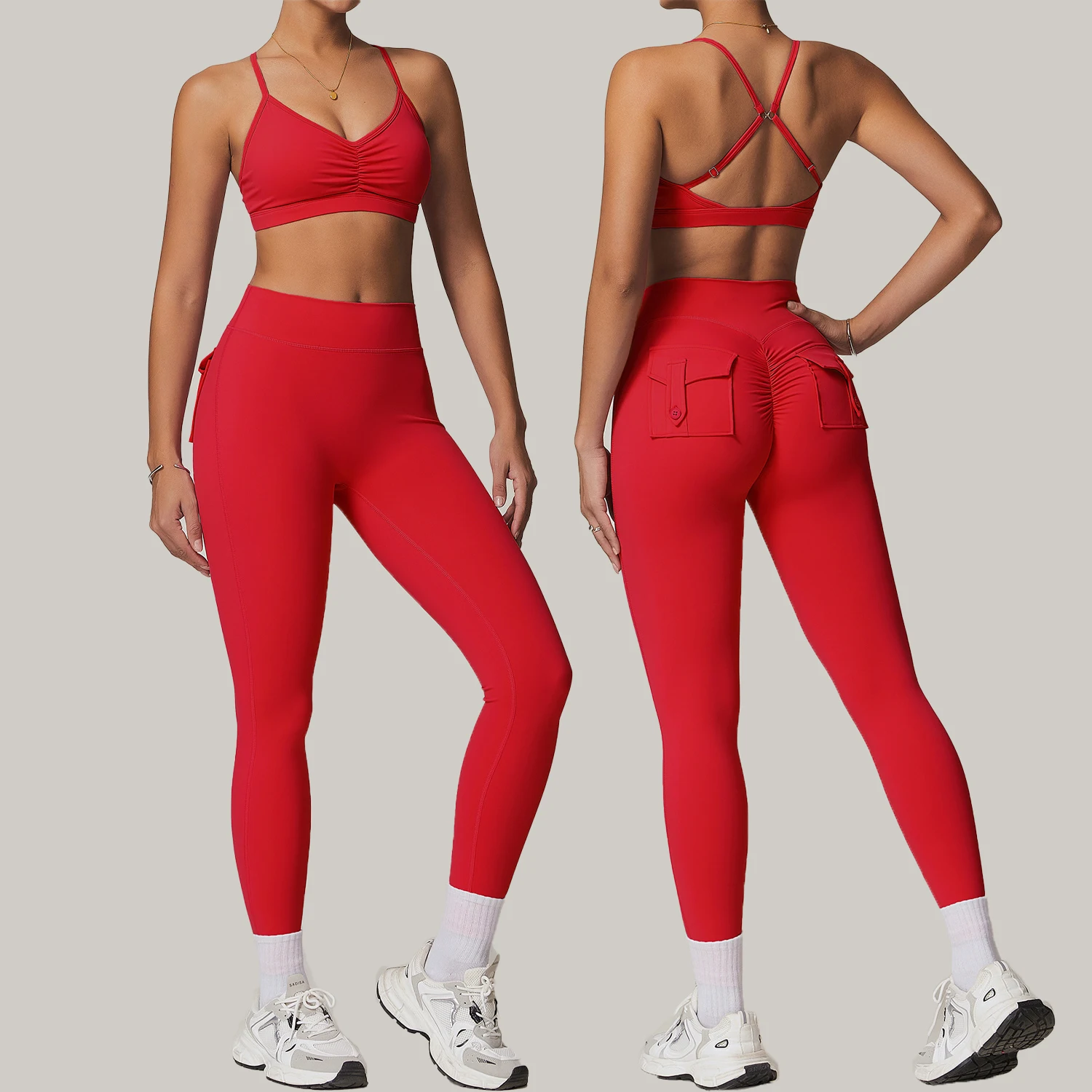 Crossover Back Tight Yoga Suit Work Pocket Gym Quick Dry Sportswear High Waisted Hip Lifting Running Cycling Fitness Clothing