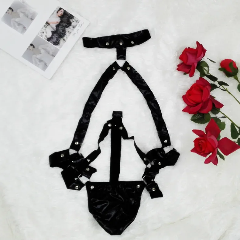 

Sexy Erotic Men's Halter Jumpsuit Thongs Briefs Black Faux Leather Tight-Fitting T-Back Cross Lingerie Underwear Brazilian Thong