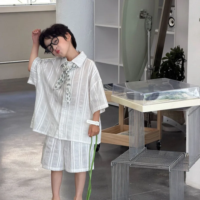 

26 Spring Summer Holiday Stripe Children Shirt Pants Top Trouser Pure Cotton 2Piece Set Boy Old Money 3-16 Years Outfit Clothes