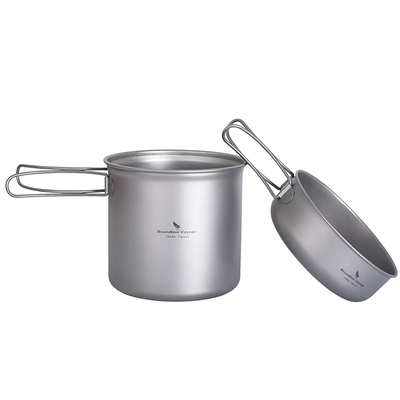 Boundless Voyage Camping Titanium Cookware Pot Bowl,Ultralight Outdoor Travel Picnic Tableware,  Titanium Pot Pan Folding Handle
