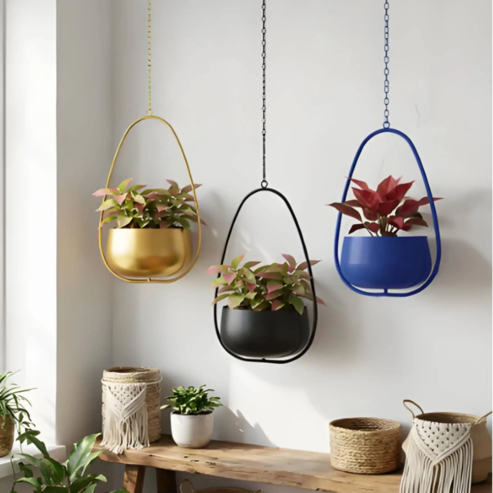 Hanging Plant Basket Iron Teardrop Flower Pot Holder Indoor Outdoor Modern Planter with Hook Chain