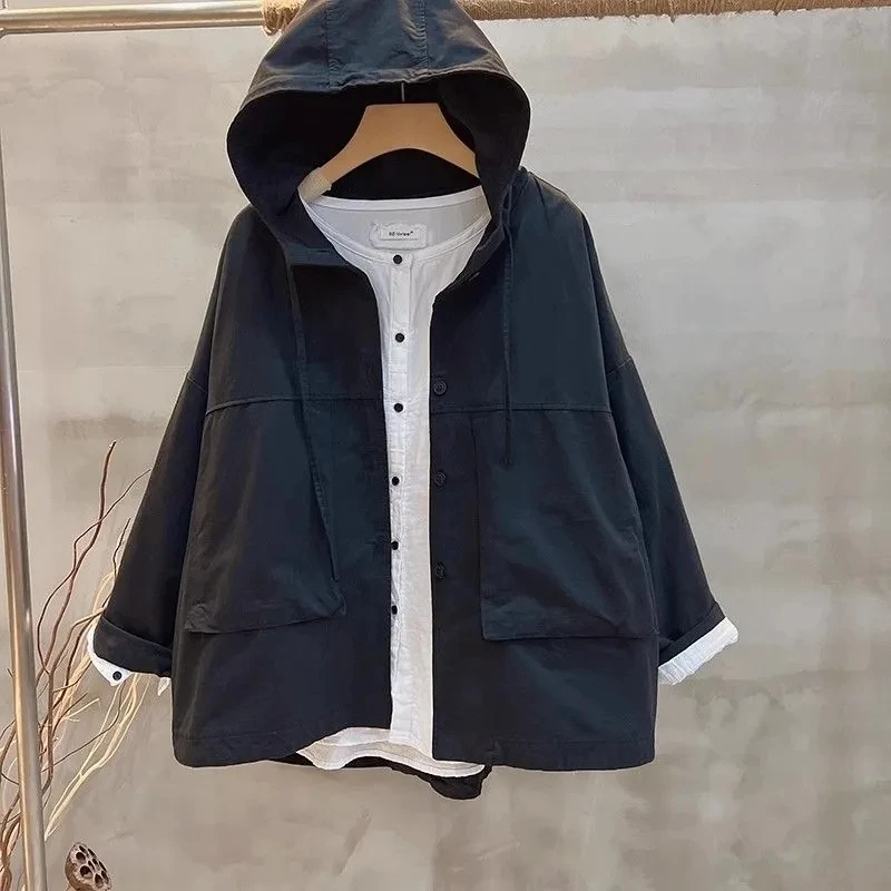Workwear Korean version Windbreaker Long sleeved Jackets Women's Loose 2025 Spring Autumn New Solid Hooded Short Jacket Top