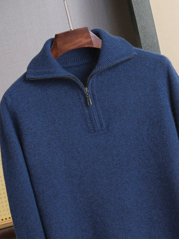Thickened pure cashmere sweater men's semi-high collar zipper solid color sweater young and middle-aged leisure sweater