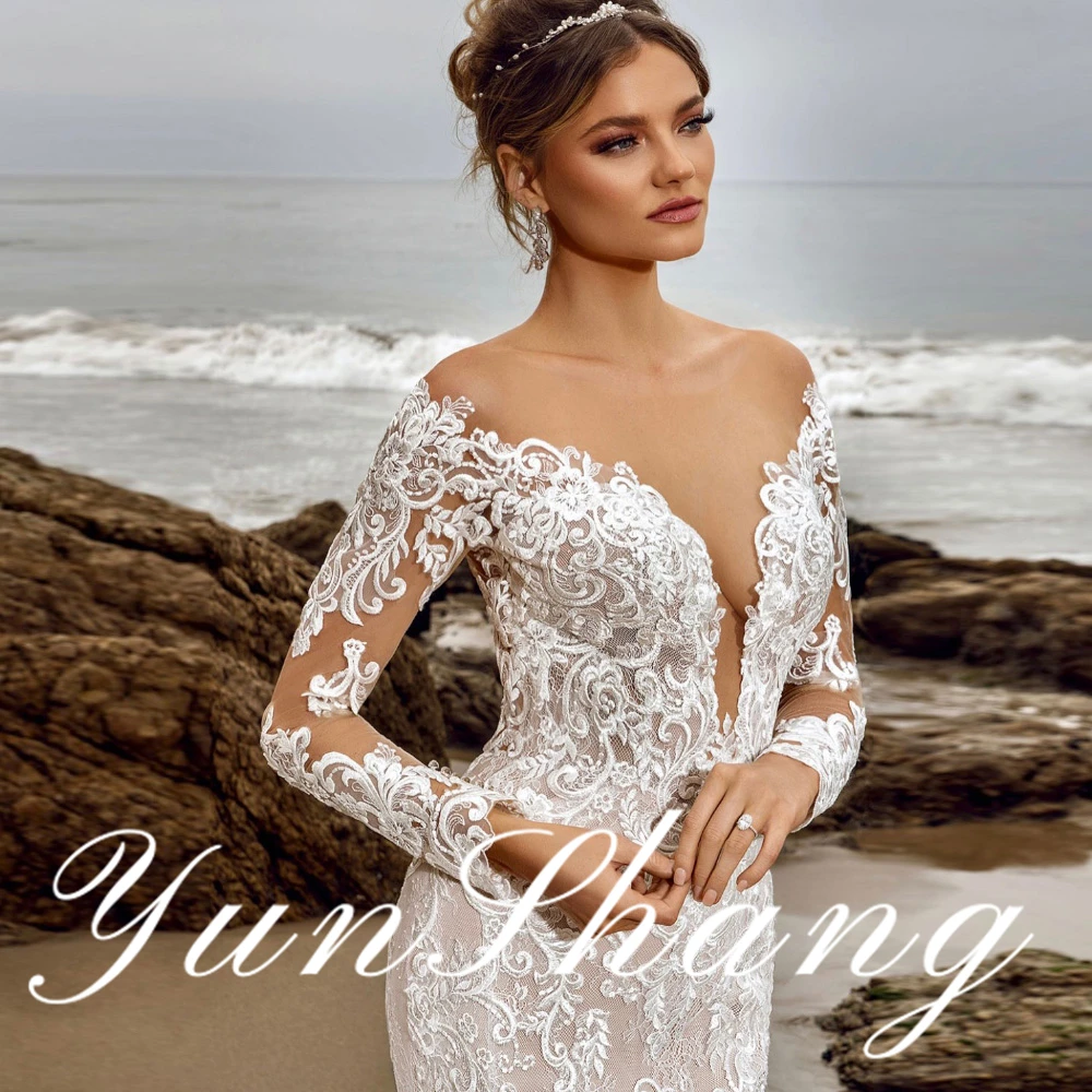YunShang Customized Romantic Long Sleeve Intricately Embroidered Lace V Neck Mermaid Wedding Dress with Graceful Sheer Back Sexy image 2