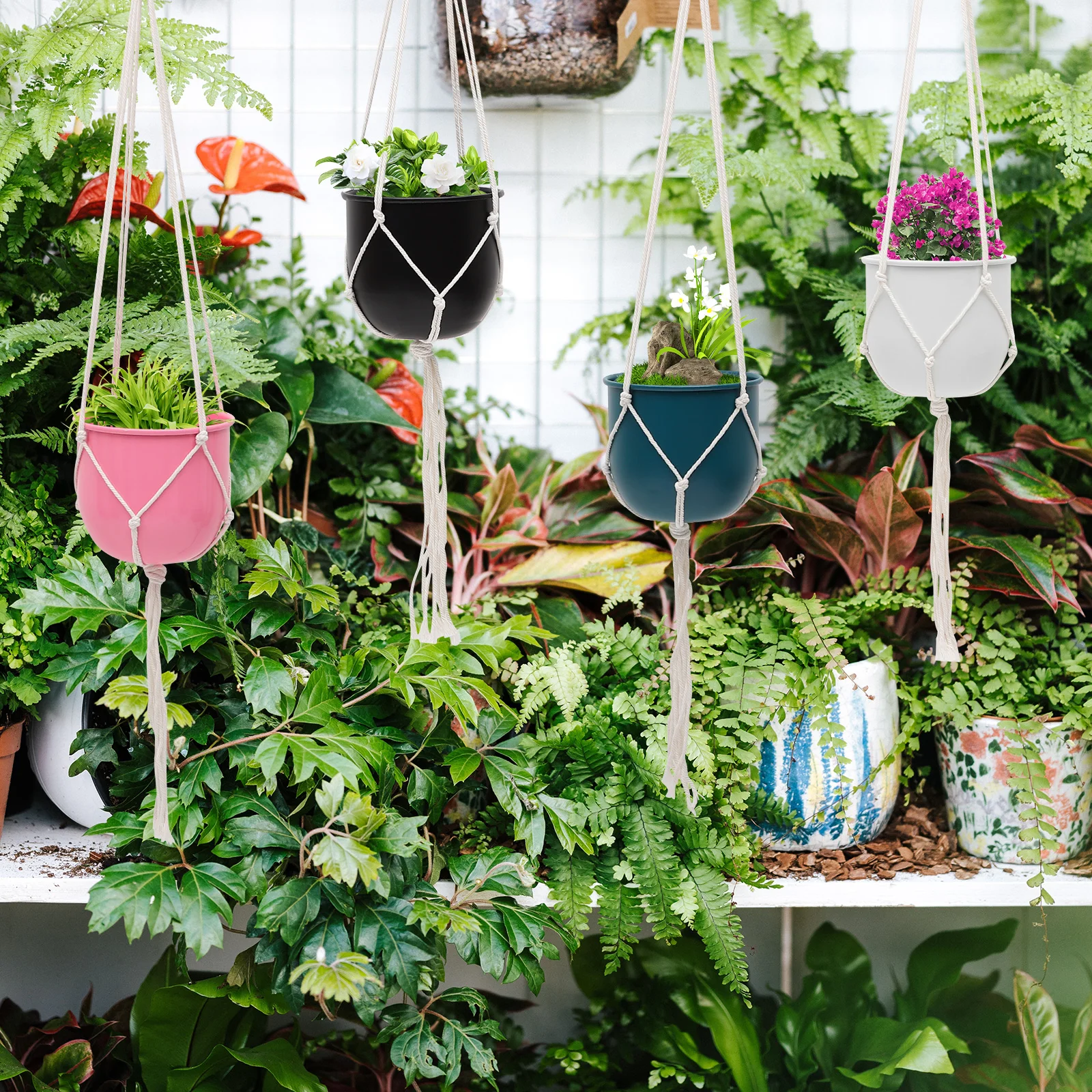 

Iron Hanging Flowerpot Black Cotton Rope Planter for Balcony Garden Decor Durable Artistic Plant Display
