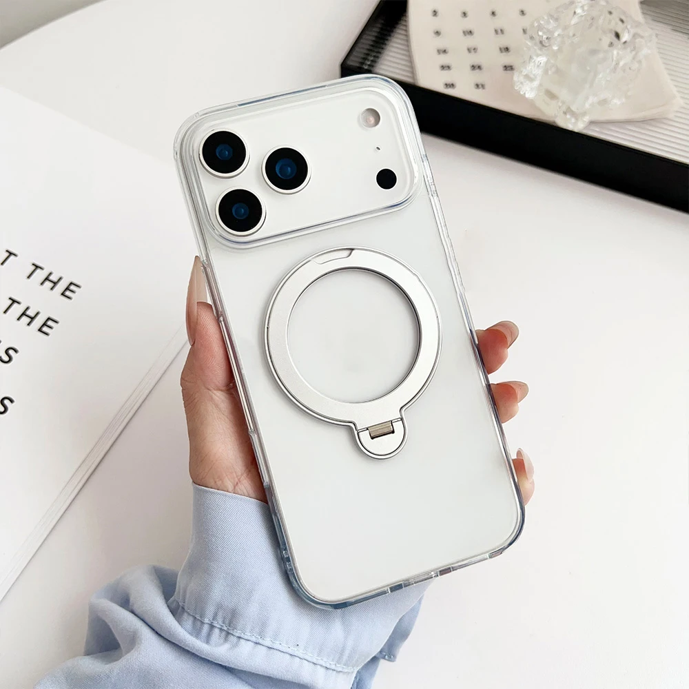 

For iPhone 17 Air Pro Max Case Magsafe Strong Suction Ultra Clear Frosted Black 360° Rotation Metal Stand Cover with AI Button