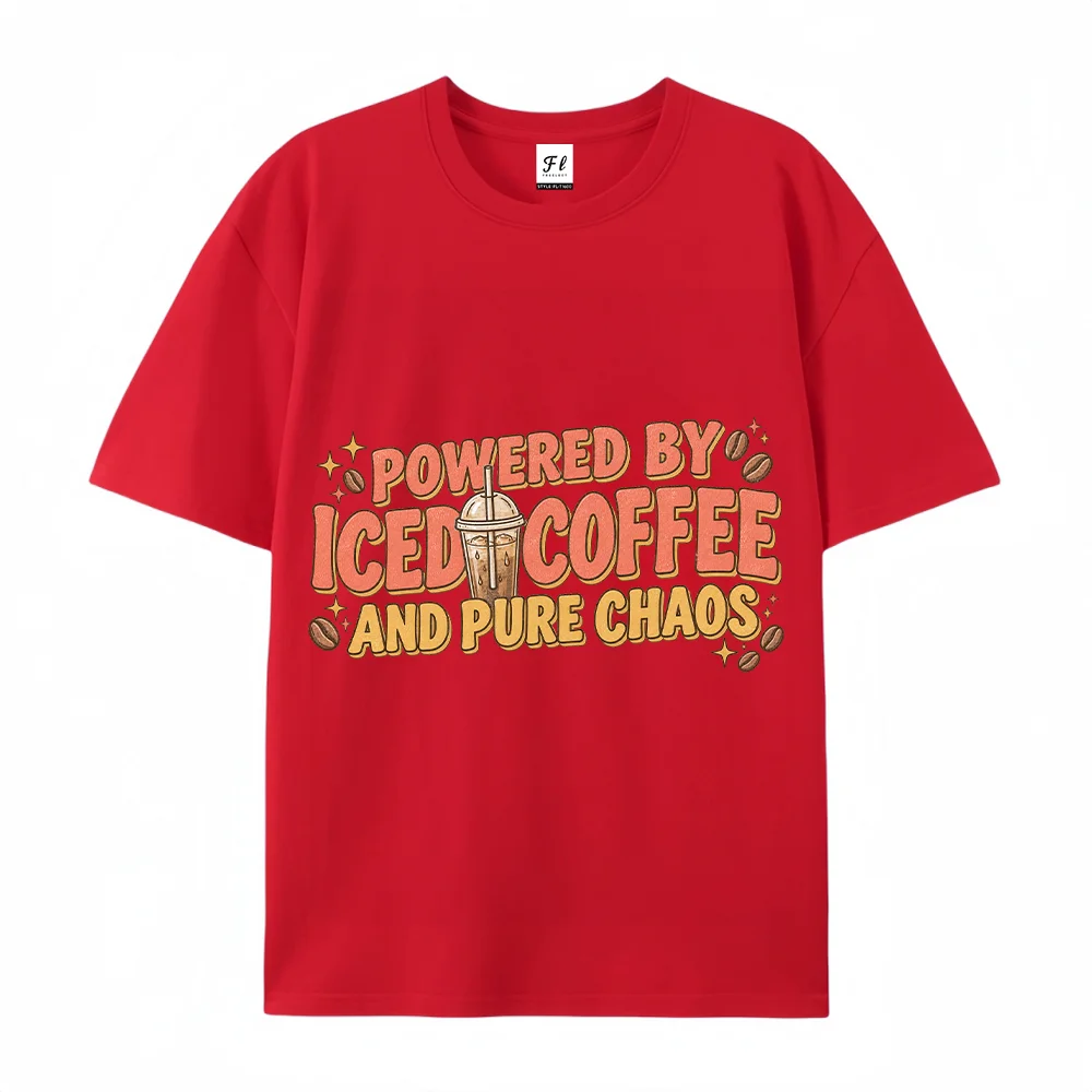 Women T Shirt Powered By Iced Coffee And Pure Chaos Graphic Retro Pink Funny Work Office Short Sleeve Loose Cotton Tops