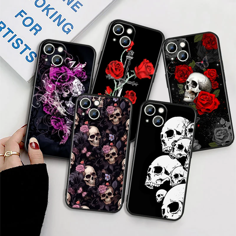 Roses Skull Art Cool For iPhone 15 14 13 12 11 XS XR X 8 7 SE Pro Max Plus Mini Black Cover Phone Case