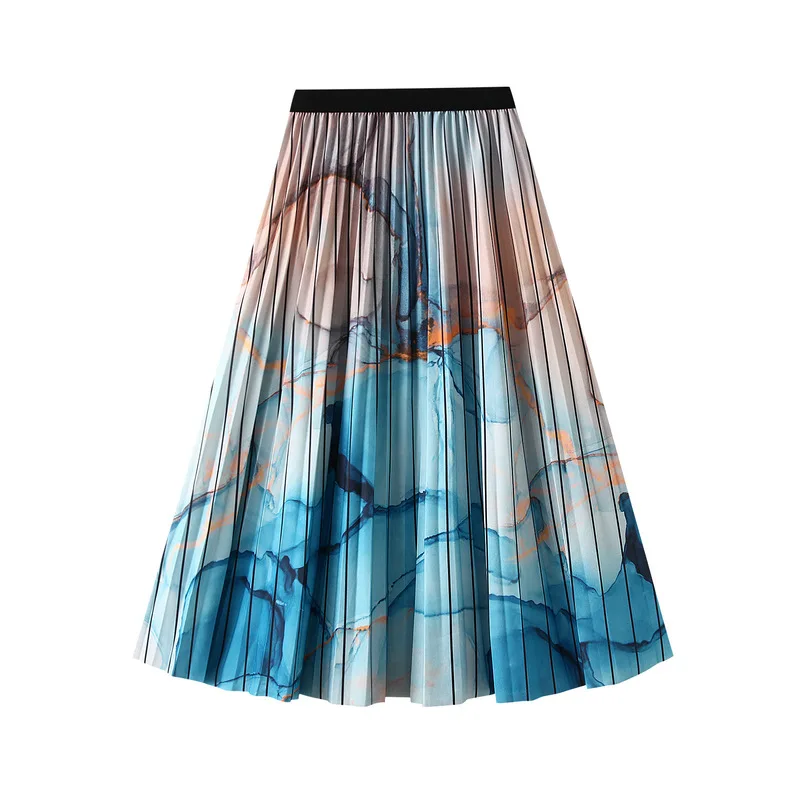 Summer New Women's Wear Korean Version High Waist Slim Pleated Skirt Versatile Retro Gradient Print Mid Length Half Length Skirt