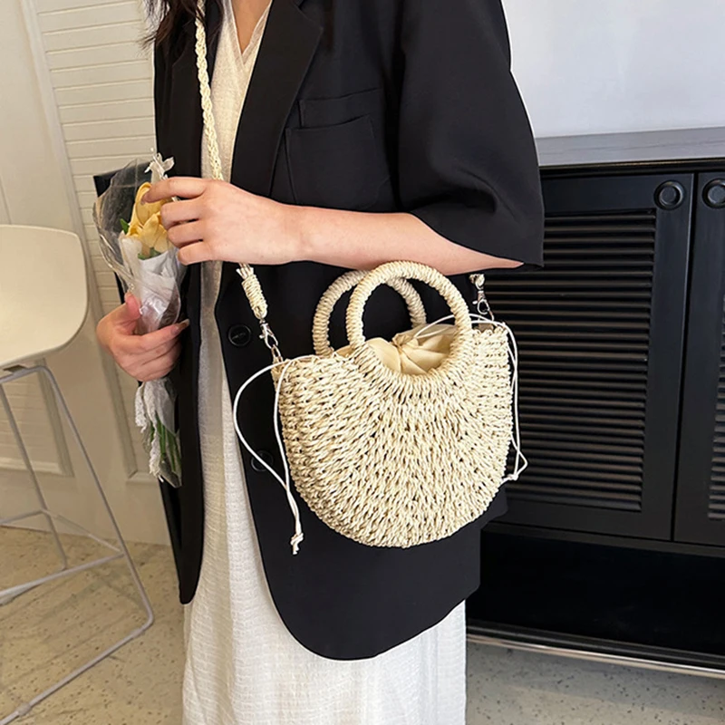 2026 NEW Summer Women  Handmade Weave Straw Rattan Half-Moon Beach Handbag Large Capacity Hollow Crossbody Shoulder Bag image 6