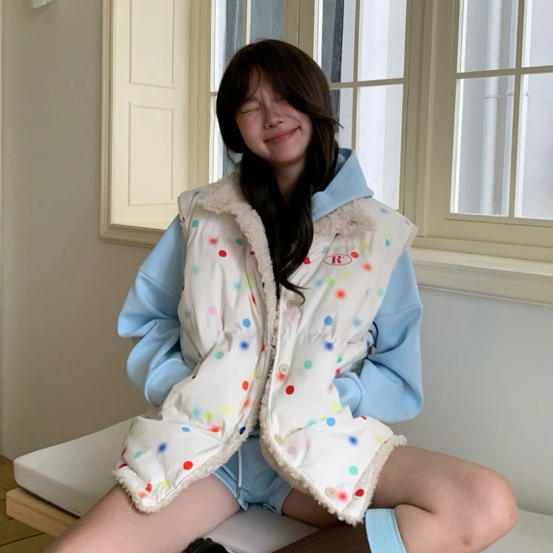 

Двустороннее пальто из овечьей кожи в горошек, женское зимнее утолщенное флисовое теплое жилетное пальто 2025 Y2k, верхняя одежда с хлопковой подкладкой, куртка Harajuku