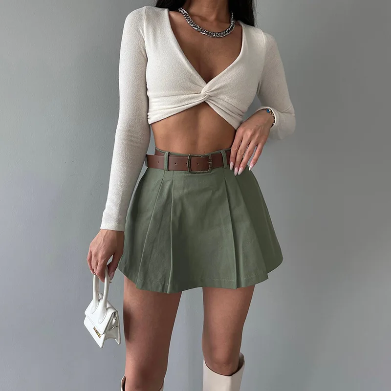 Retro Solid Color Women's Shorts Skirt Spring Casual Women's High Waist Pleated Mini Skirt Women's Street Slim Shorts Belt