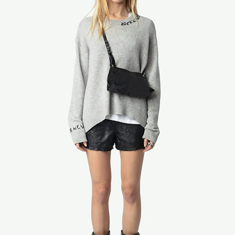 

Women Grey Sweater Letter Embroidery Cashmere Tops Female Loose Crew Neck Pullover Long Sleeve Tops Lady Casual Thin Sweaters