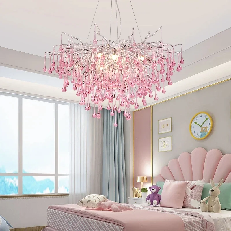 Pink Drop Crystal Chandelier Lighting Fixtures Girl's Room Ceiling Pendant Lamp For Princess Dressing
