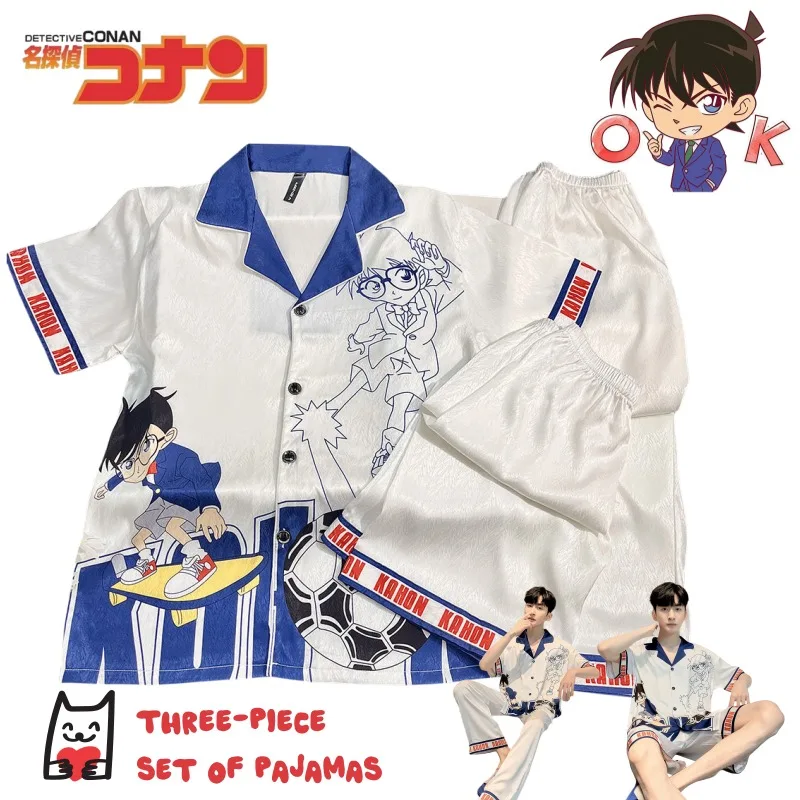 

New Detective Conan anime cartoon pattern boys short sleeve pajamas creative personality cardigan loungewear three-piece gift