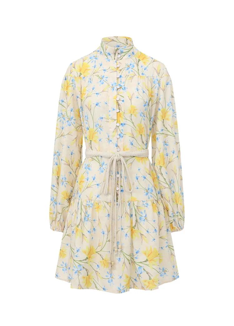 Iridesse 2026 New Oil Painting Flower Dress, String Tied Waist, Lantern Sleeve, Trendy Boho Style, Women Short Dress