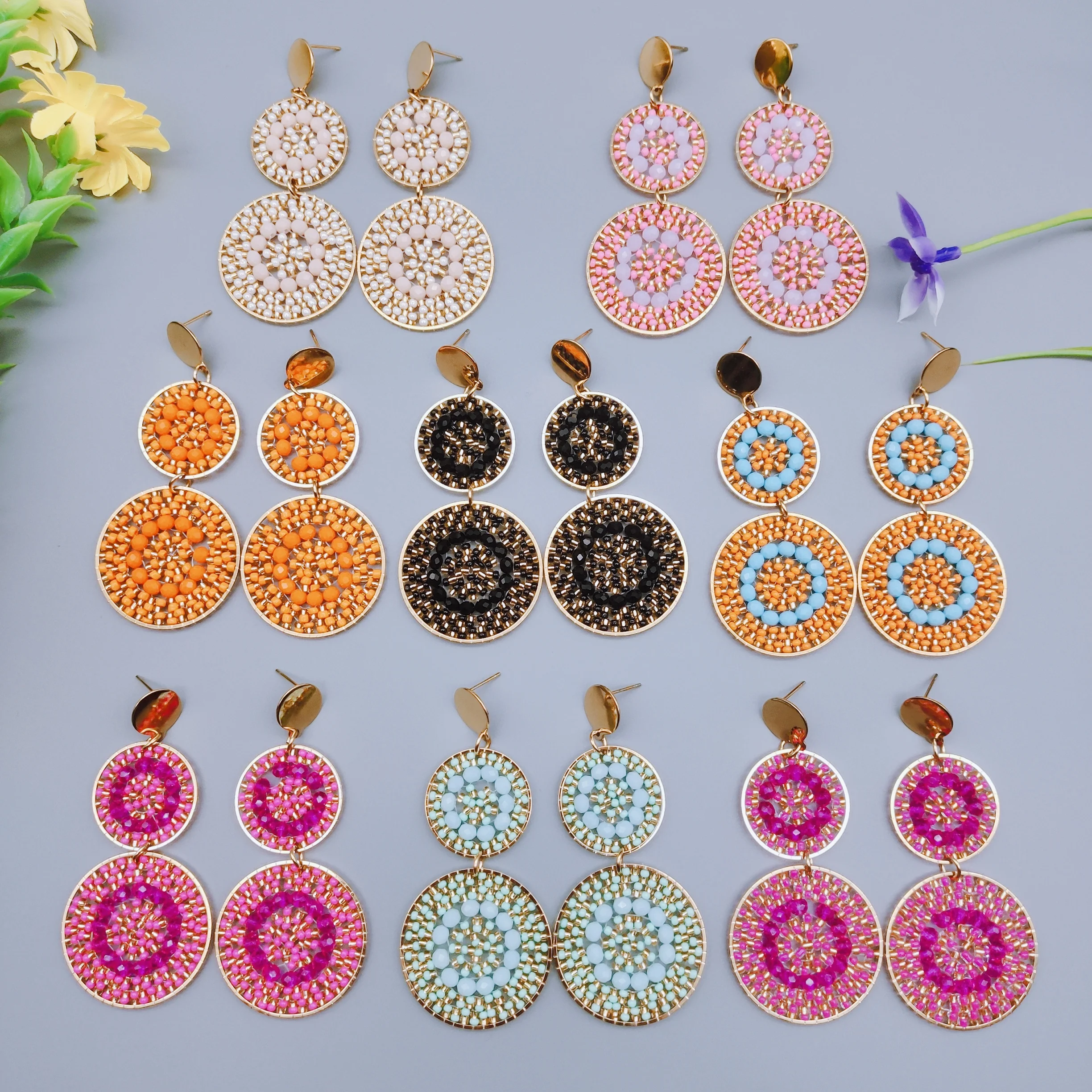 Beaded earrings Crystal Originality Roundness Double-deck Hollow out Hand knitting Bohemia Tide Retro  Simple Rice bead earrings