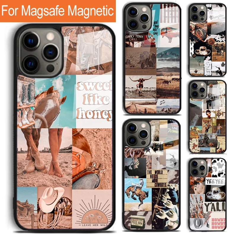 Western Cowgirl Cowboy Boho Aesthetic Phone Case For iPhone 16 15 14 13 12 Pro Max Plus Magsafe Magnetic Wireless Charging Cover