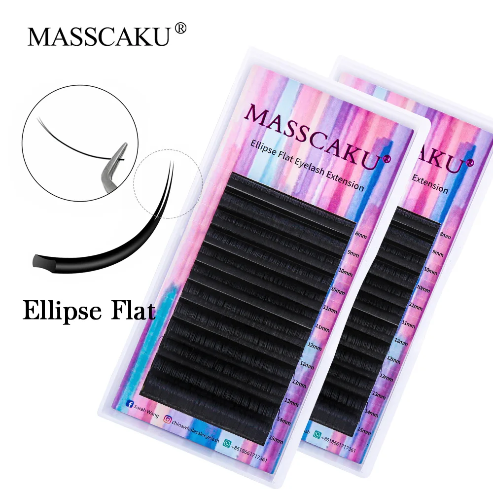 MASSCAKU Ellipse Flat Eyelash 12Lines/case C/D Curl Classic Flat Firm Grafting Eyelash Extension Professional Makeup