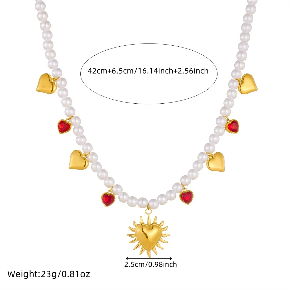 DIEYURO 316L Stainless Steel Golden HeartSun Red Heart Zircon Pendant Pearl Beaded Necklace Lady Neck Chain Jewelry Glamorous