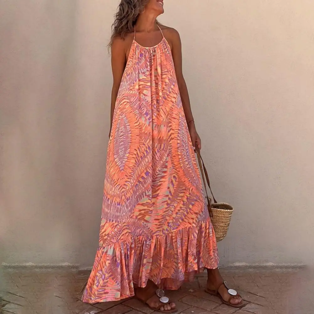 

Women Maxi Dress Printing Halter Neck Backless Big Swing Loose Hem Dress Up Patchwork Bohemian Summer Maxi Dress