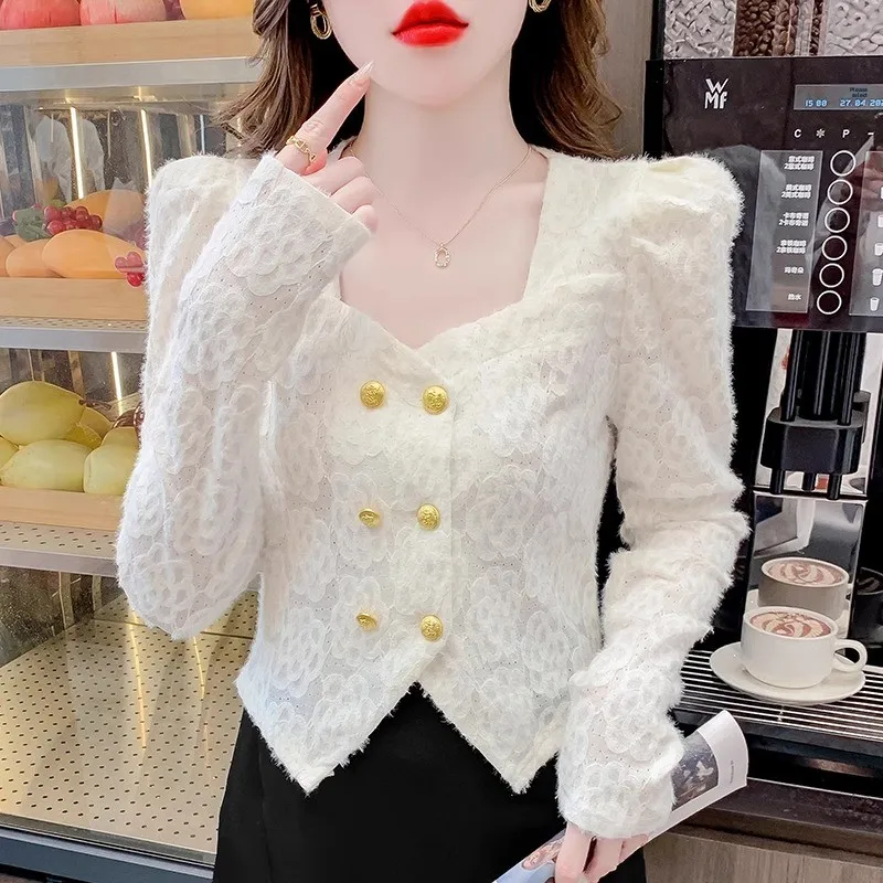 

Retro Irregular Embroidered Lace Base Shirt Women's Bubble Sleeve Inner Wear Top Korean Style Slim Fit Long Sleeve Short Length