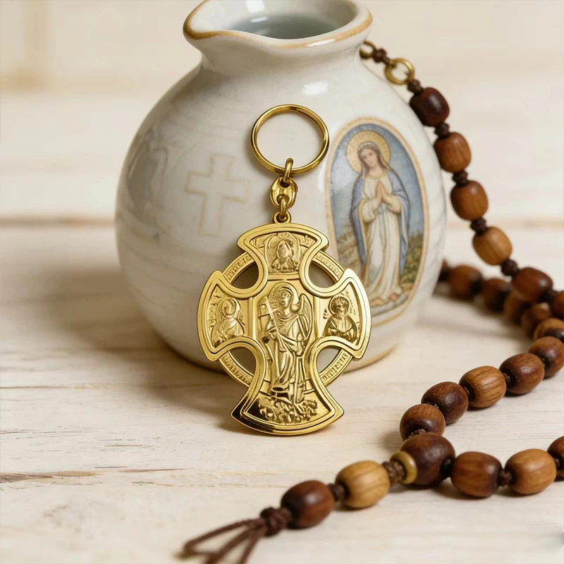 Vintage Gold Plated Catholic Orthodox Celtic Cross Keychain with St Michael Archangel for Car Key Ring Religious Amulet Christia