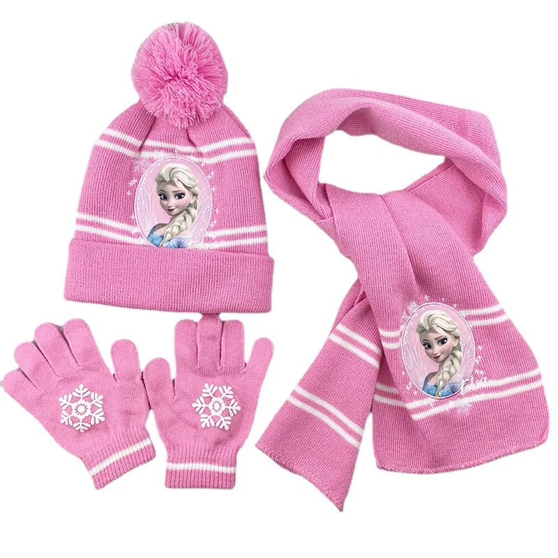 Disney Elsa and Anna Scarf Hat and Glove 3Sets Mickey Accessories Winter Keep Warm Knitting Woolen Yarn Frozen Head Cap for Kids